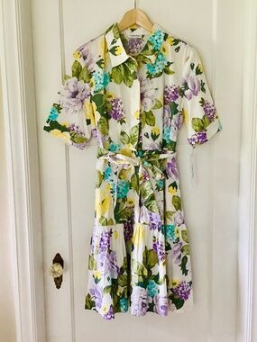 Calvin Klein Floral Collared Fit & Flair Shirt Dress Womens 12 Cotton Garden NWT